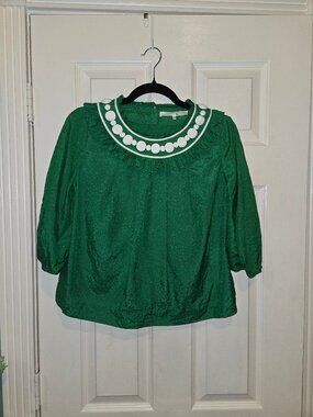 3.1 Phillip Lim Green Blouse Size 2 Silk Cotton Embellished Statement Top
